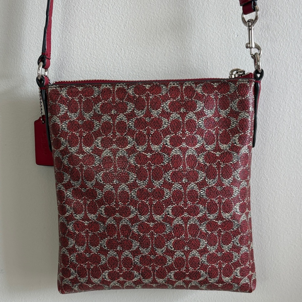 Coach Signature Red Crossbody Bag Leather Trim - Picture 5 of 13